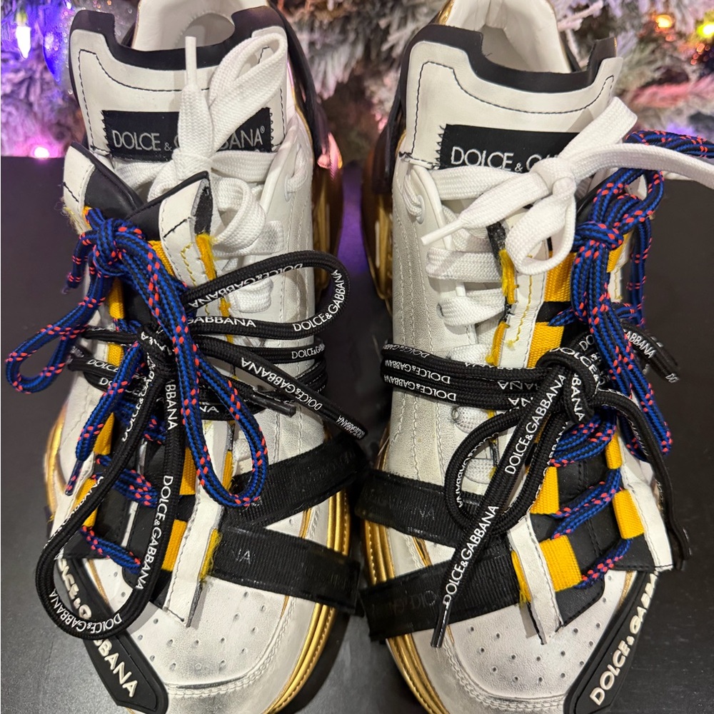 Dolce & Gabbana White and Gold High-Top Sneakers GOLD SOLES size 10